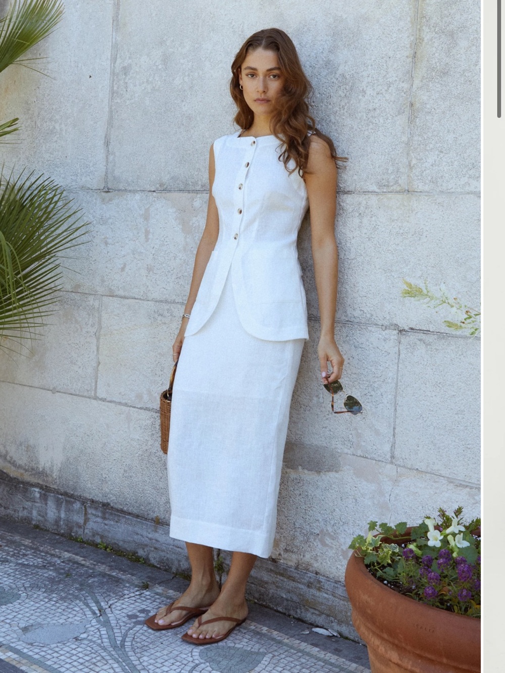 Sleeveless White Linen Midi Skirt and Top Set